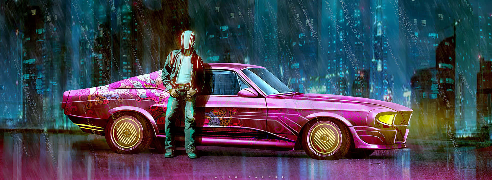 A Pink Car In The Night Wallpaper