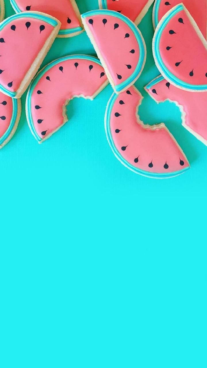 Pink Watermelons On Blue Wallpaper