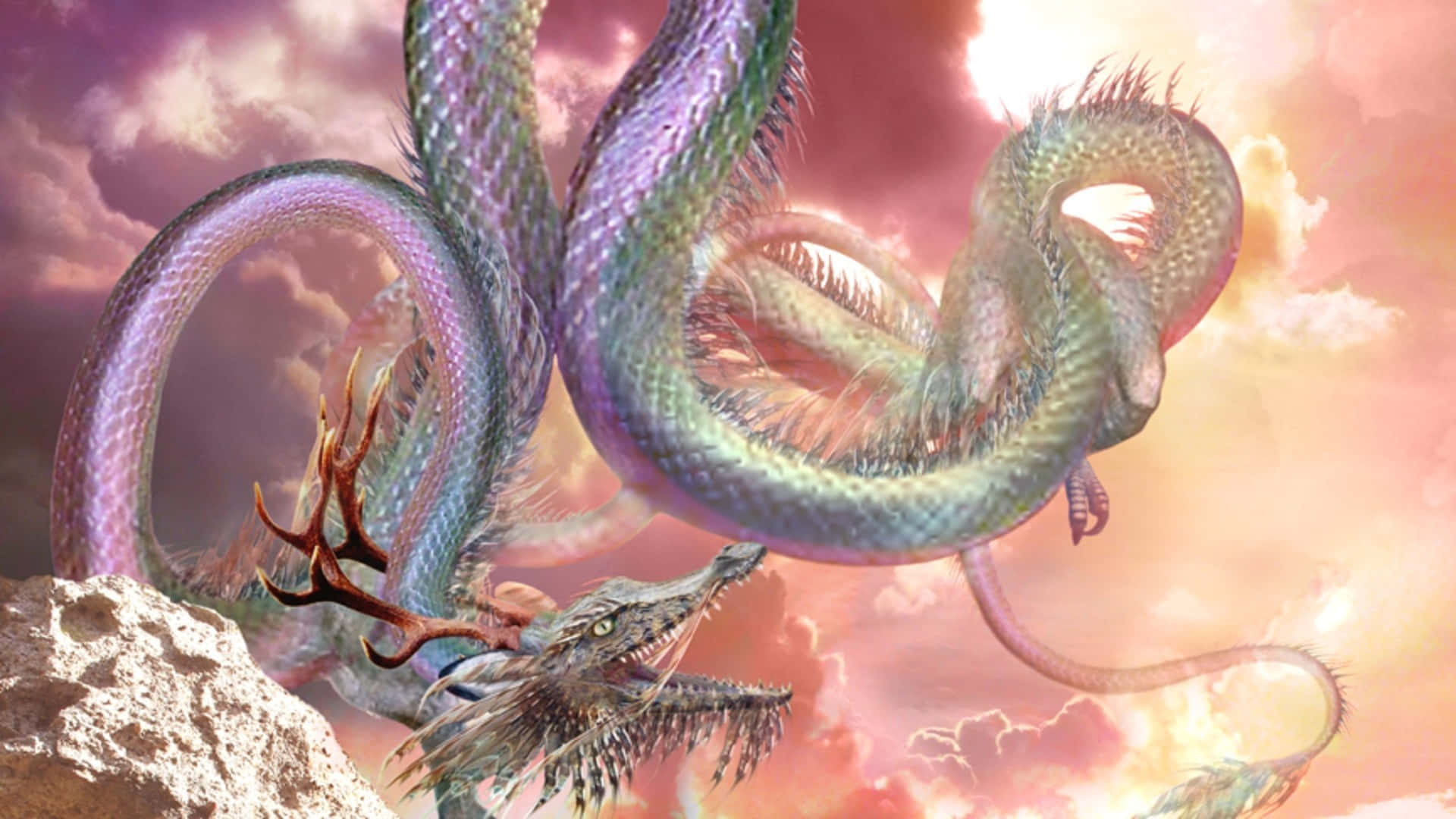 Pink Whiten Chinese Dragon Anime In The Clouds Wallpaper