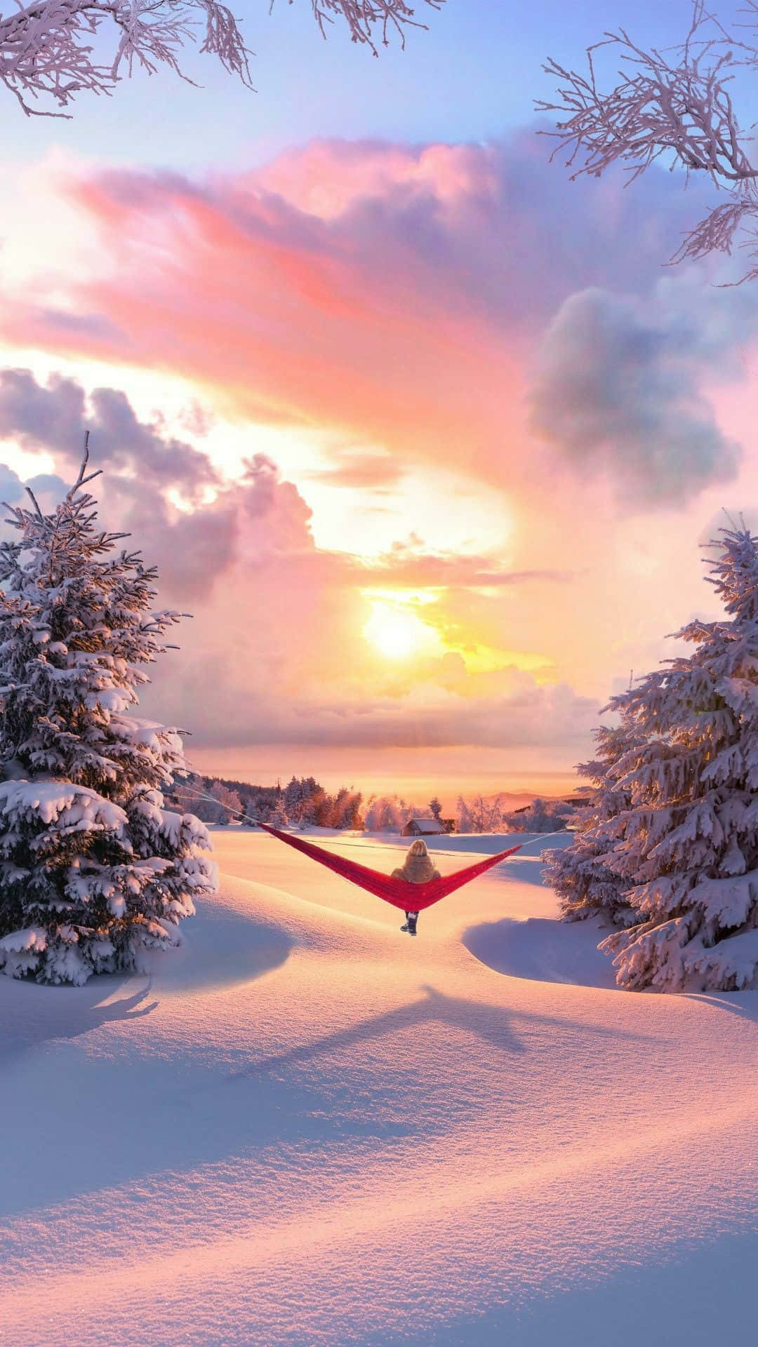 Pink Winter Sunset Hammock Relaxation Wallpaper