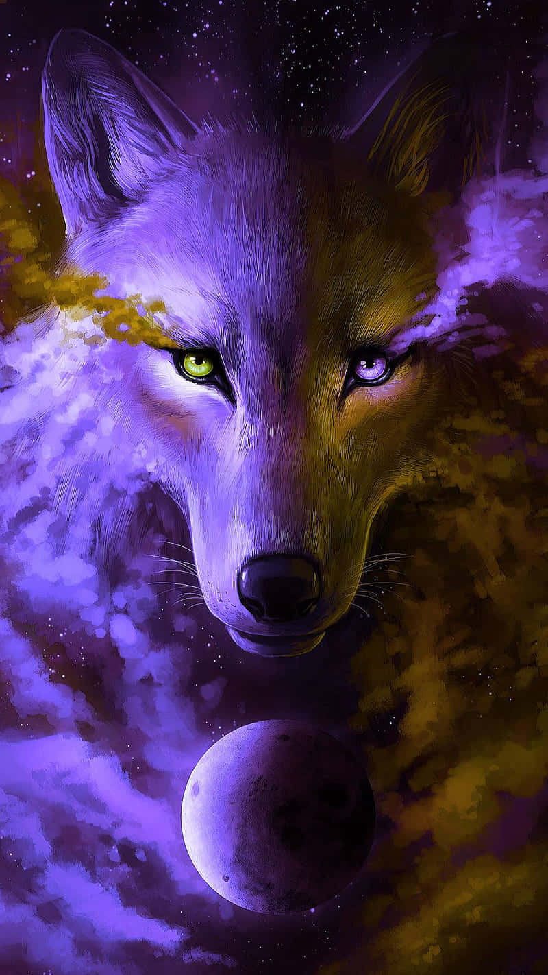 a purple wolf with green eyes and a moon in the background Wallpaper