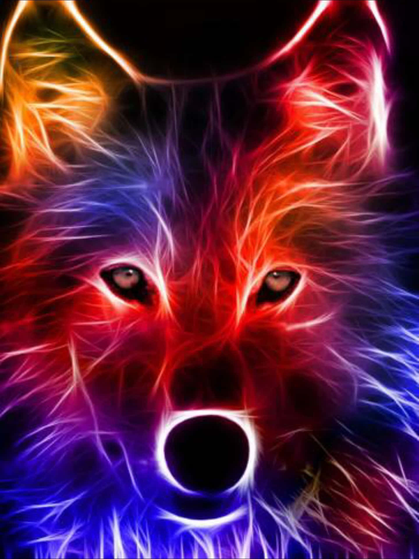 En ulv med farverige øjne på en sort baggrund Wallpaper