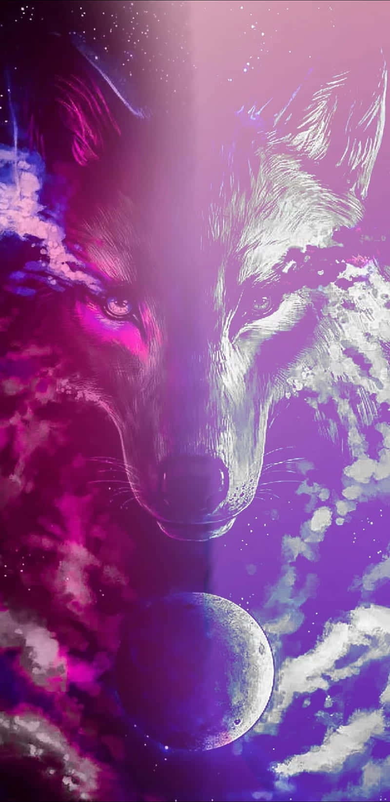 A majestic pink wolf under the magical northern lights Wallpaper
