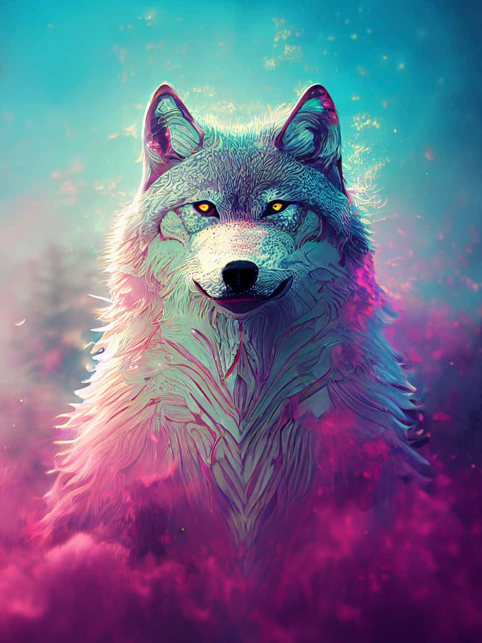 Pink Wolf staring intensely at the camera Wallpaper