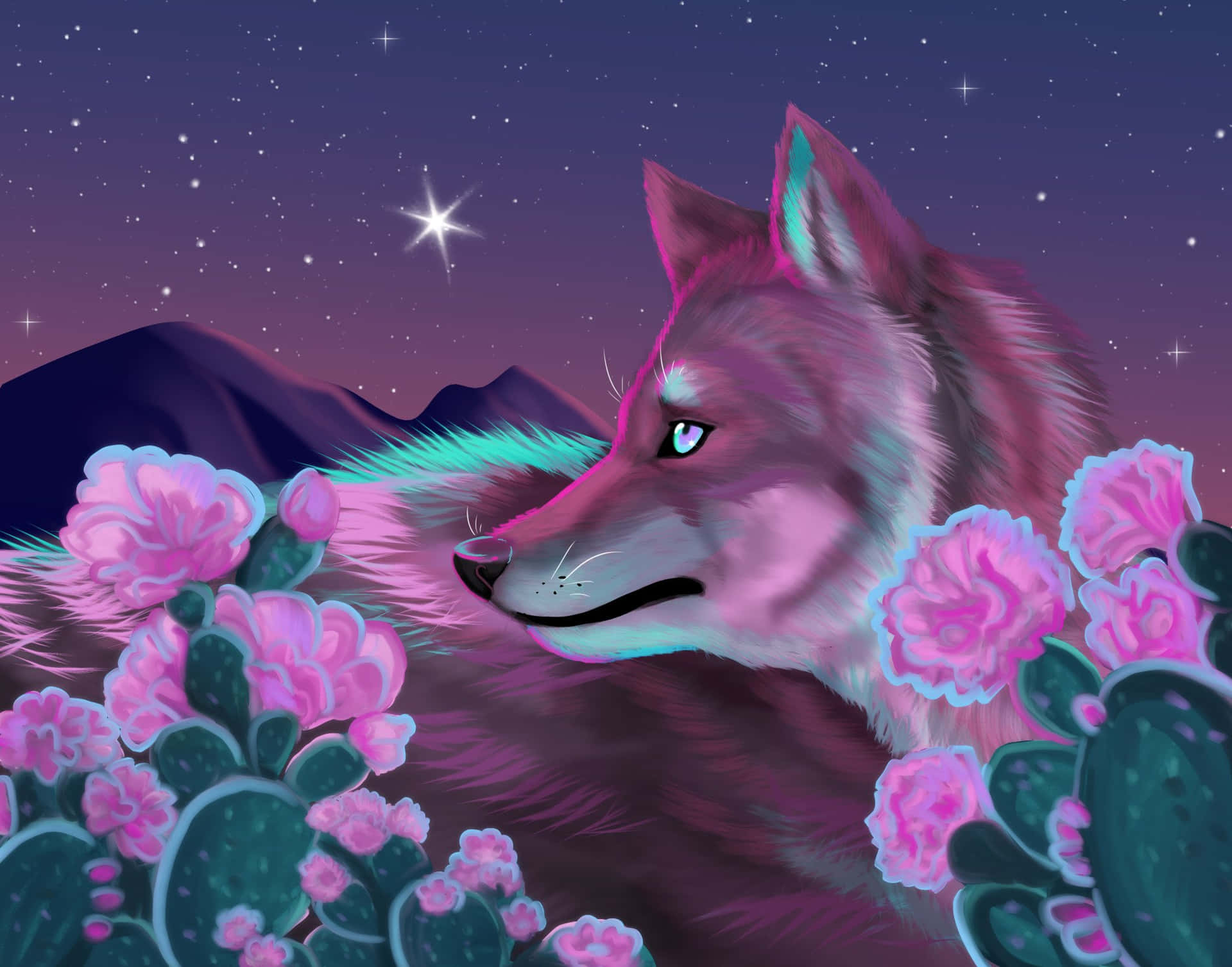 A Wolf With Pink Hair And Cactus Plants Wallpaper