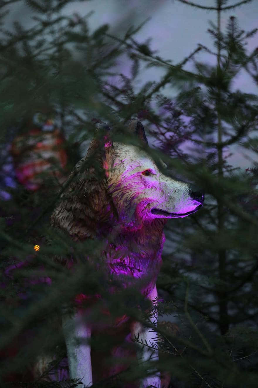 Einewolfstatue Im Wald Wallpaper