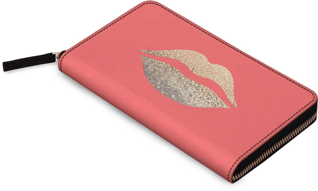 Pink Zippered Walletwith Glitter Lips Design PNG