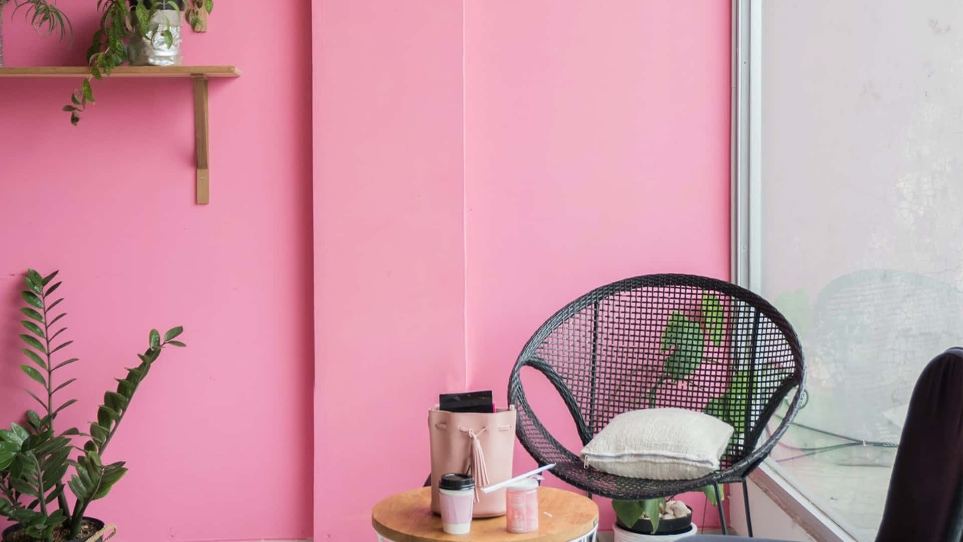 A Pink Room With A Chair And A Plant
