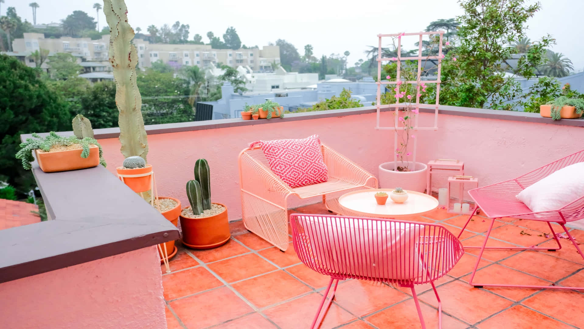 A Pink Patio With Cactus And A Table