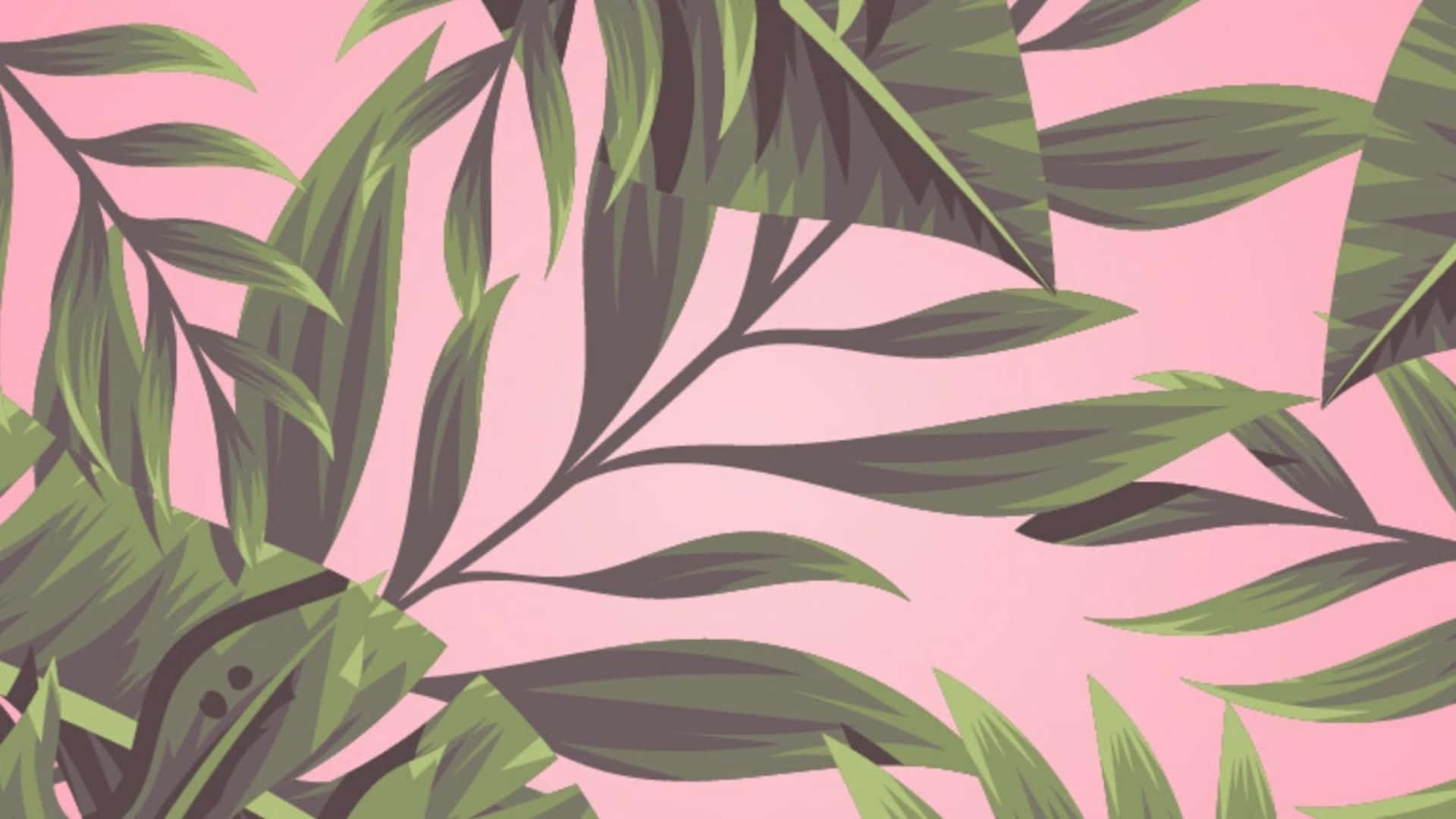 A Pink Background With Green Leaves On It