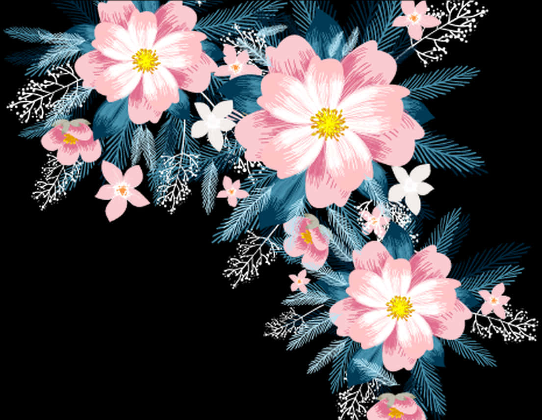 Pink_ Floral_ Arrangement_on_ Black_ Background PNG