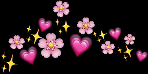 Pink_ Flowers_ Hearts_ Stars_ Black_ Background PNG