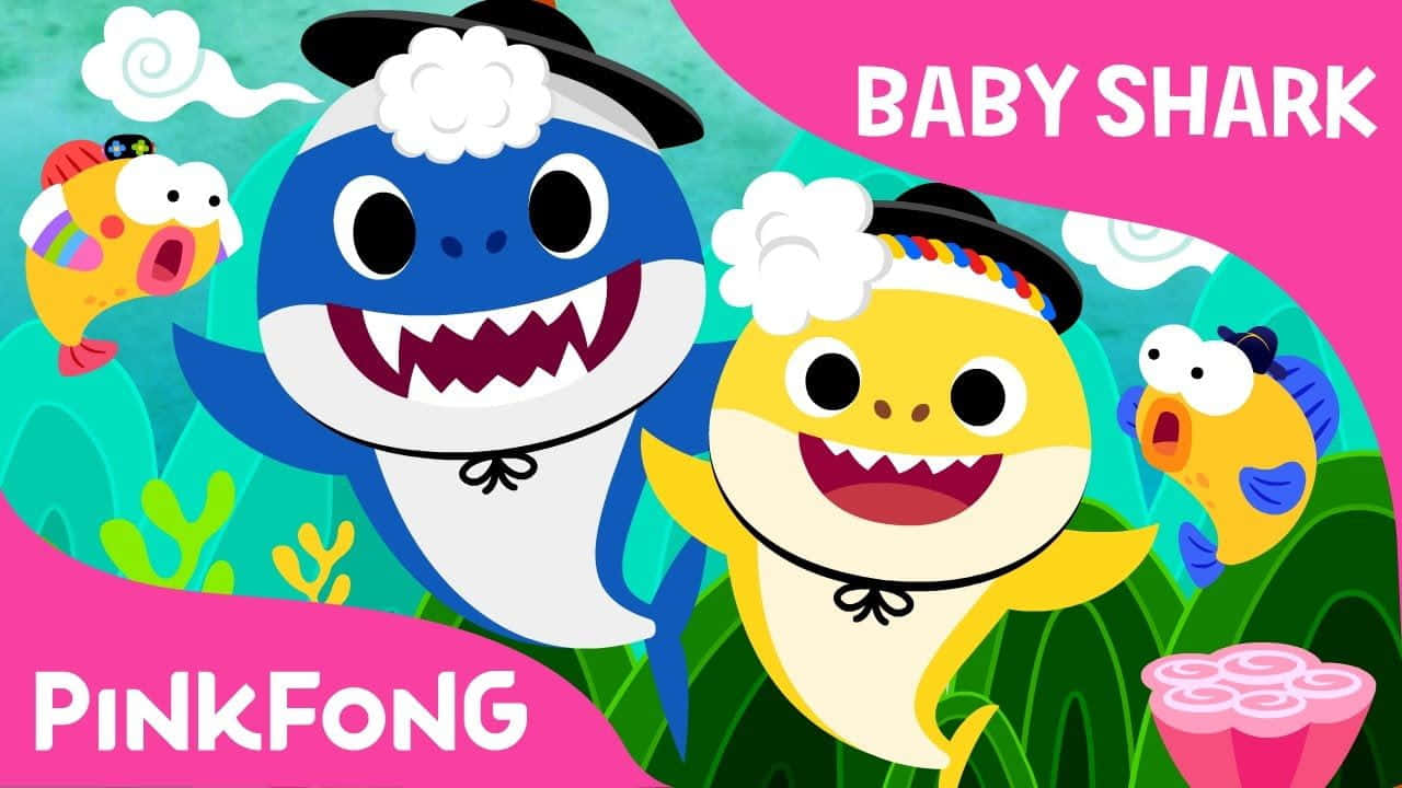 Pinkfong Baby Shark And Dady Shark With Hats Wallpaper