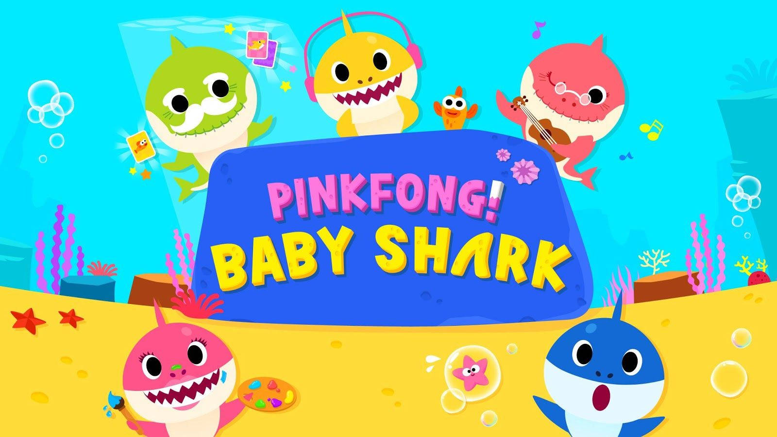 Pinkfong baby Shark Og Sharkfamilien synge og danse tapet. Wallpaper