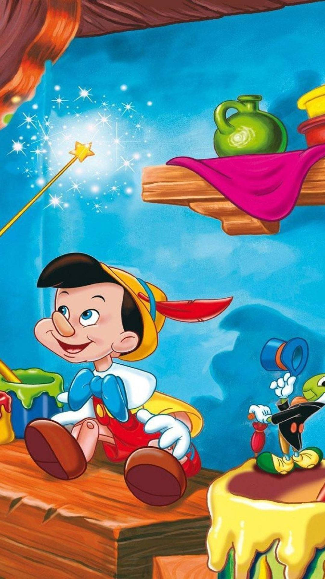 Pinocchio Sparkling Wanderer Tapet: Udforsk en magisk eventyrverden med Pinocchio følges af hans gyldne tryllestav. Wallpaper