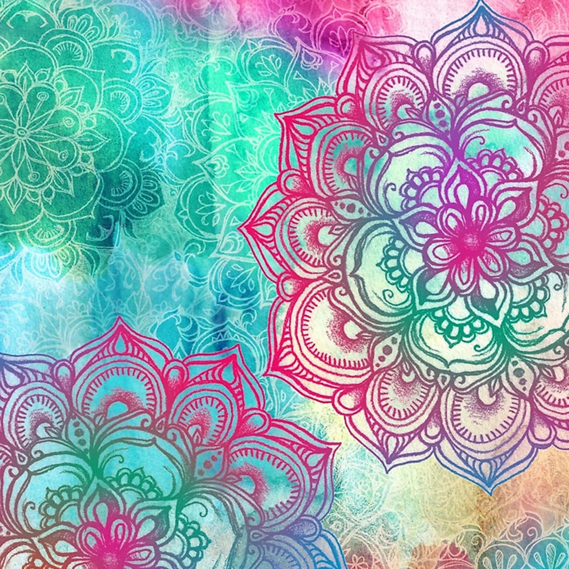 Etakvarel Mandala Med Farverige Blomster.