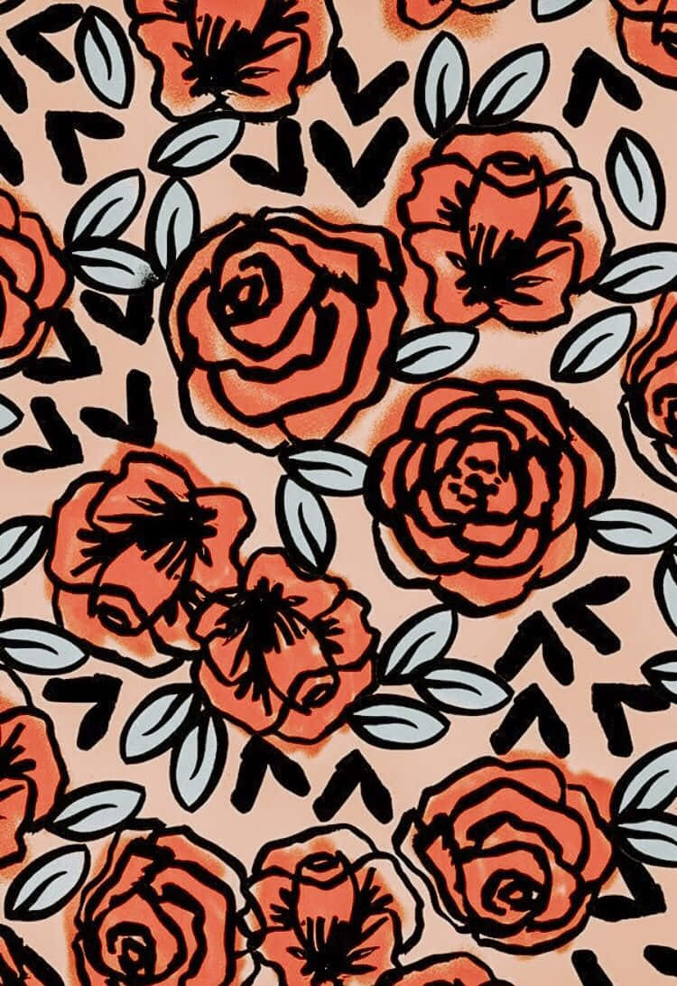 A Pattern Of Orange Roses On A Beige Background