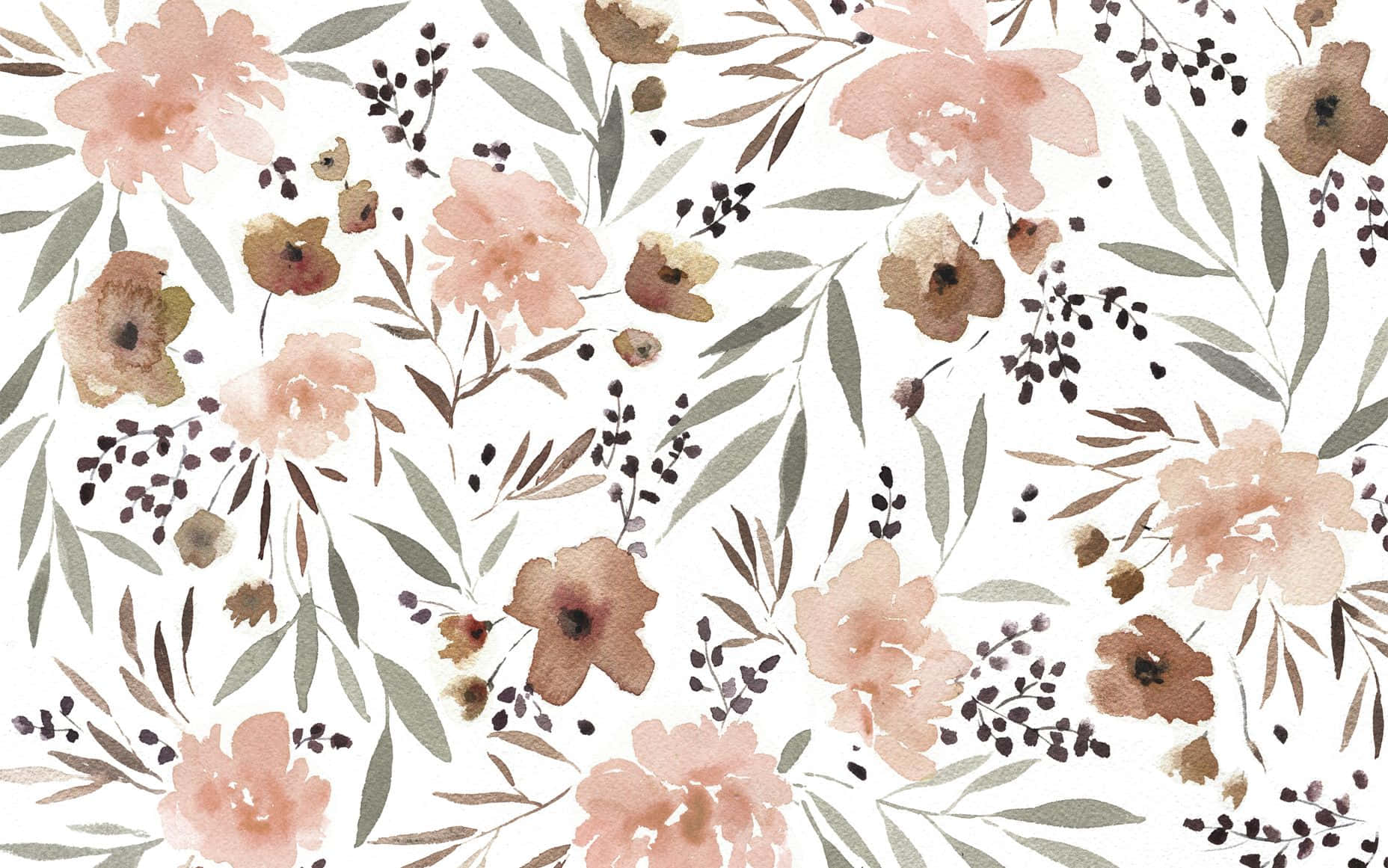 A Watercolor Floral Pattern With Brown Leaves And Flowers