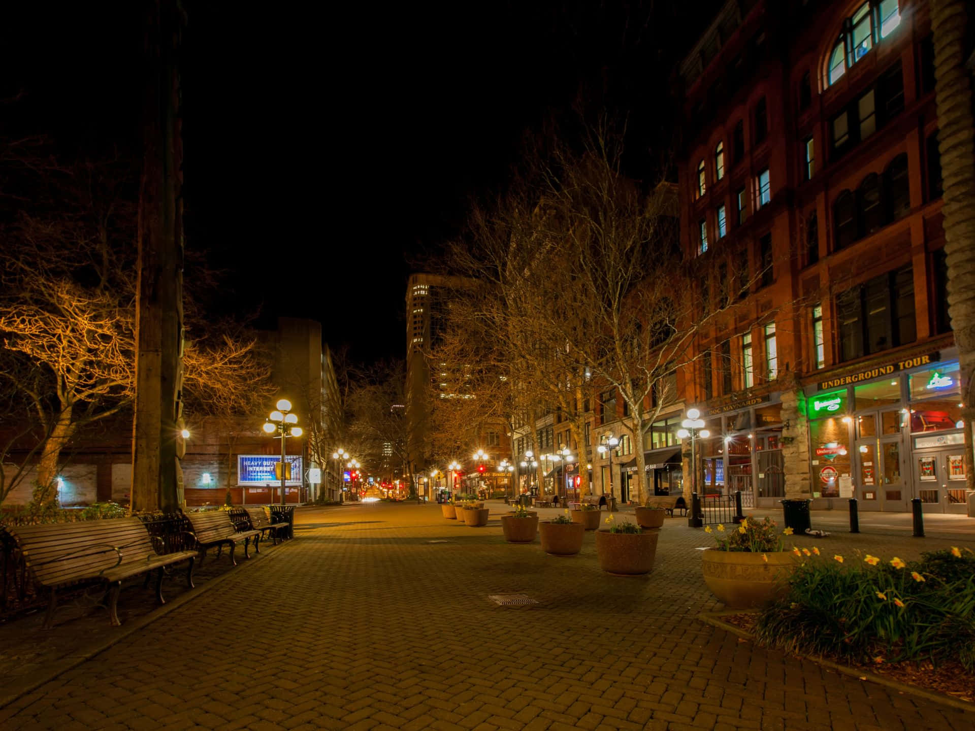 Pioneer Square Seattle Yö Näkymä Taustakuva