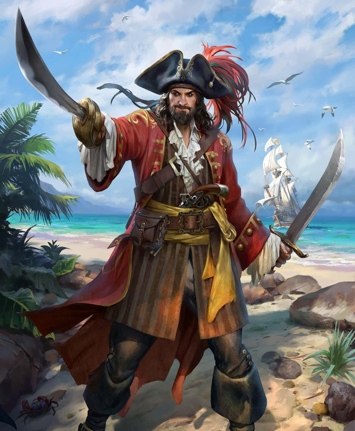 Unpossente Pirata Si Erge Solitario Sulla Spiaggia, Osservando L'orizzonte Del Mare.