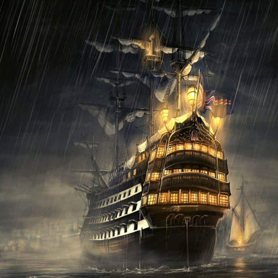 A Ship In The Rain With Lights On It