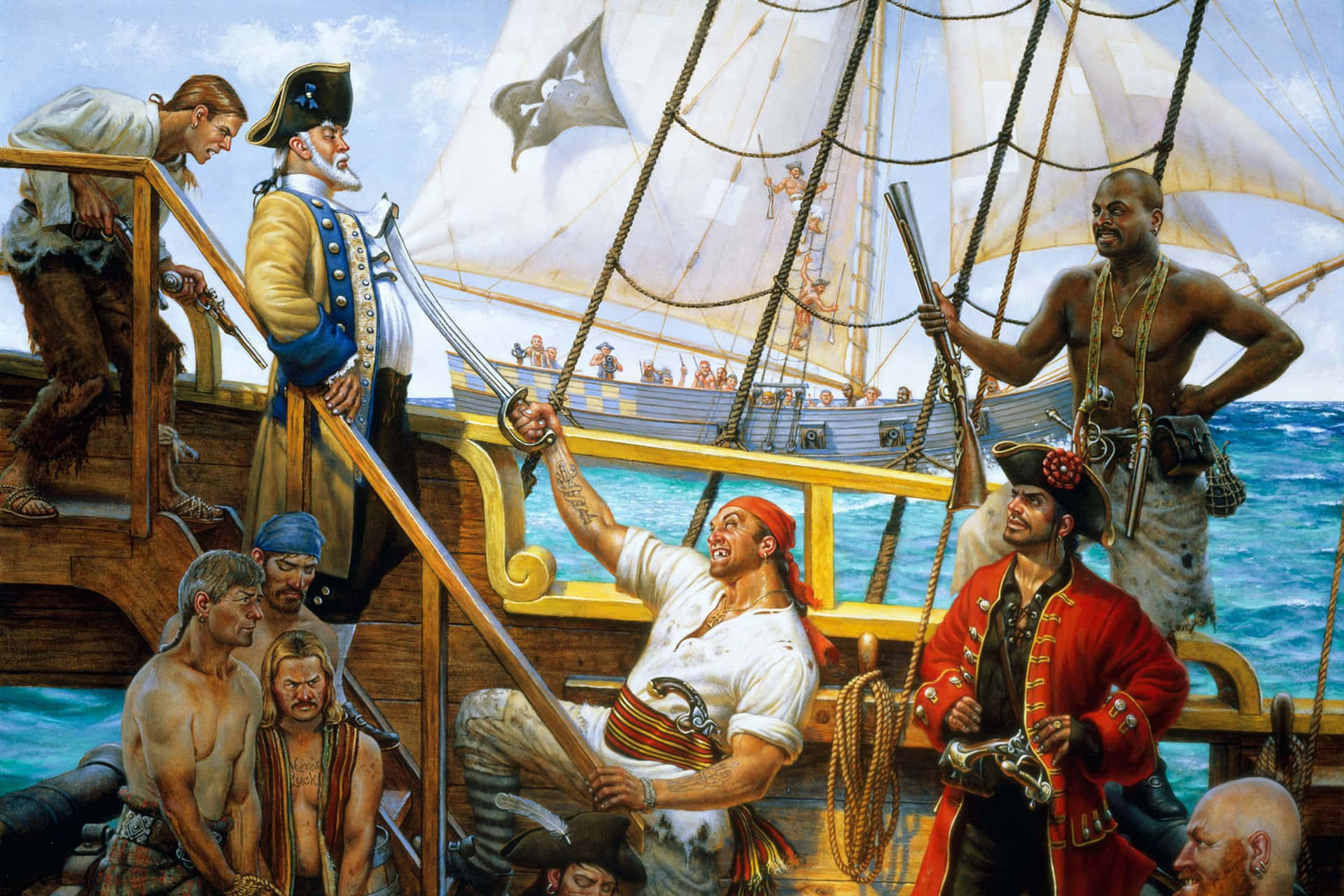 На палубу вышел капитан. Робинзон Крузо и пираты. Алжирские пираты Дефо. Абордаж 17 века. Робинзон Крузо на корабле с пиратами.