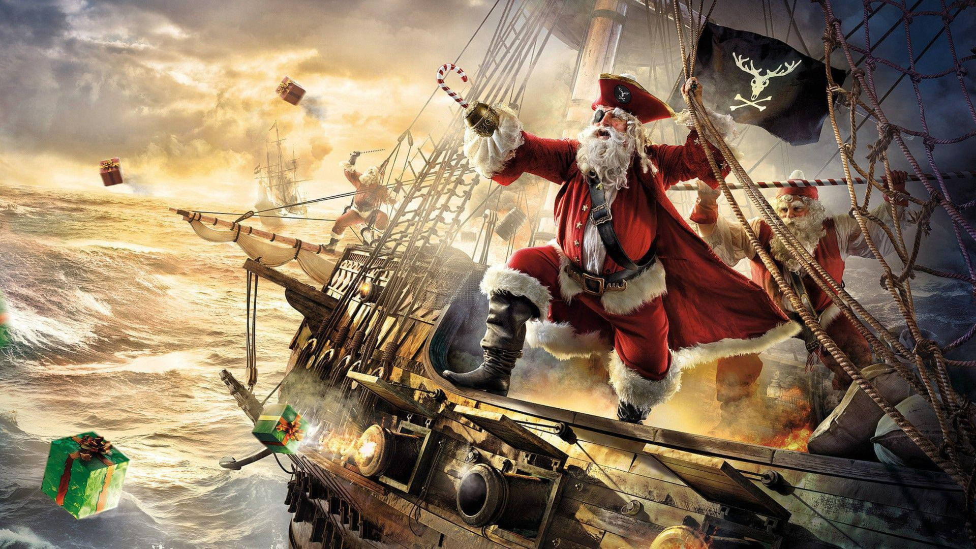 Pirate Santa Claus In Ocean Wallpaper