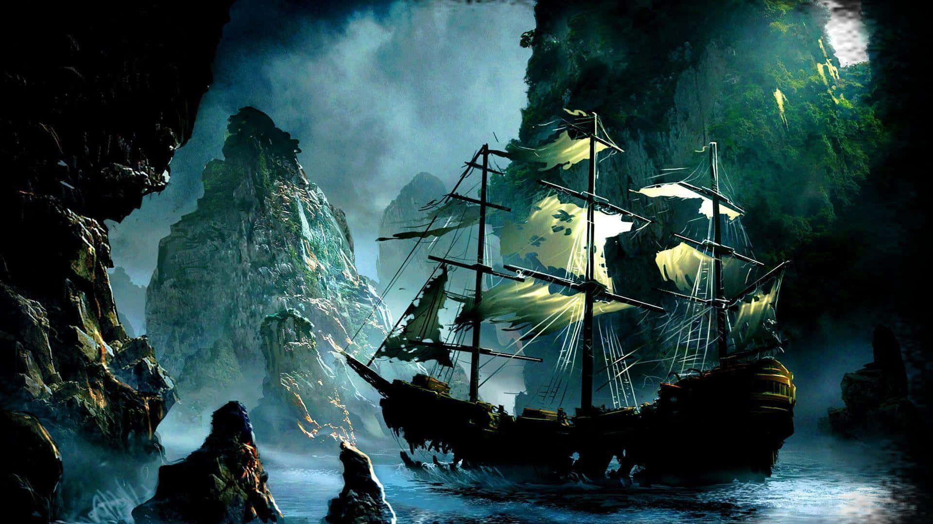 Majestic Pirate Ship Sailing Through Stormy Seas