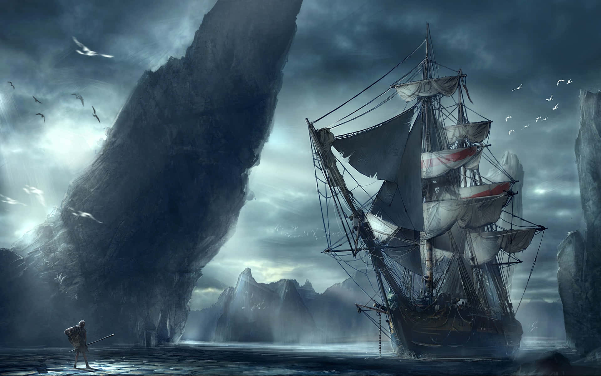 Pirate Ship Gloomy Sea Wallpaper