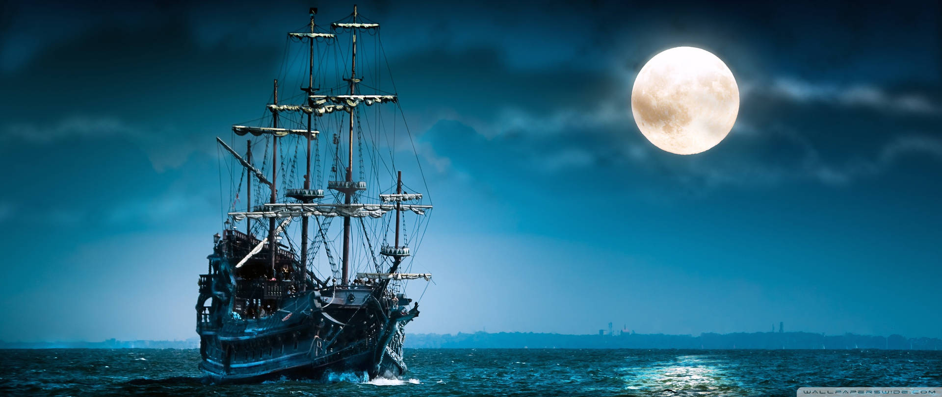 Pirate Ship Bright Moon Widescreen Wallpaper