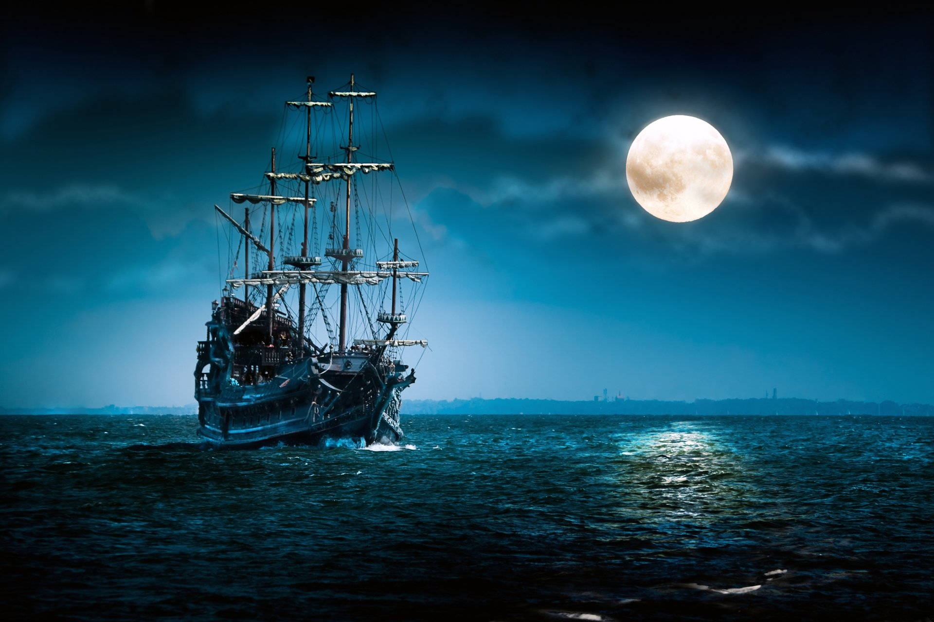 Pirate Ship Full Moon Wallpaper