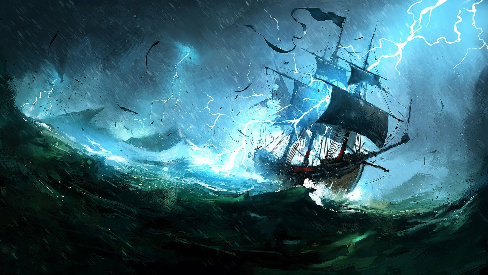 Pirate Ship Lightning Wallpaper