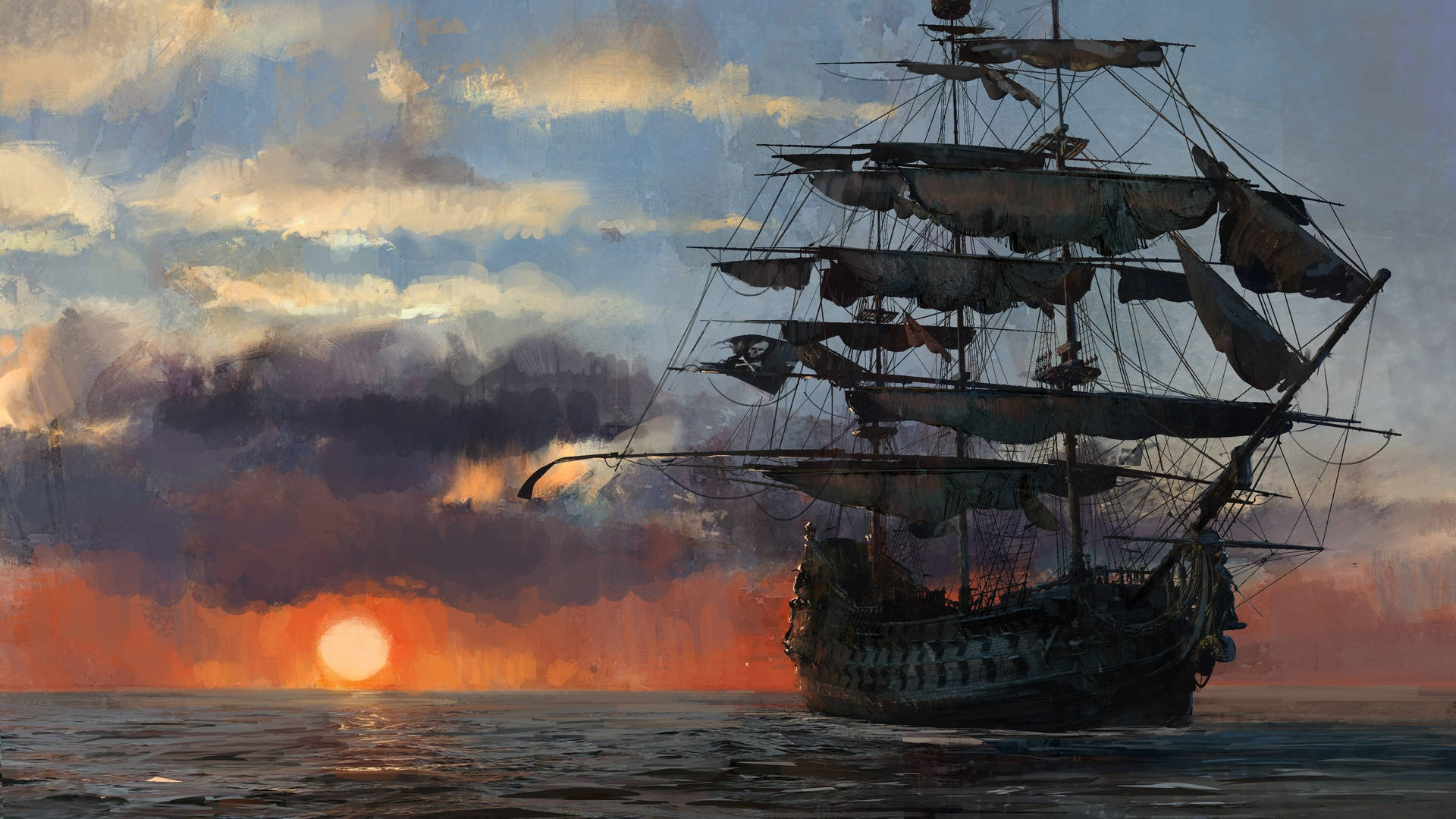 Pirate Ship Sunset Painting Wallpaper