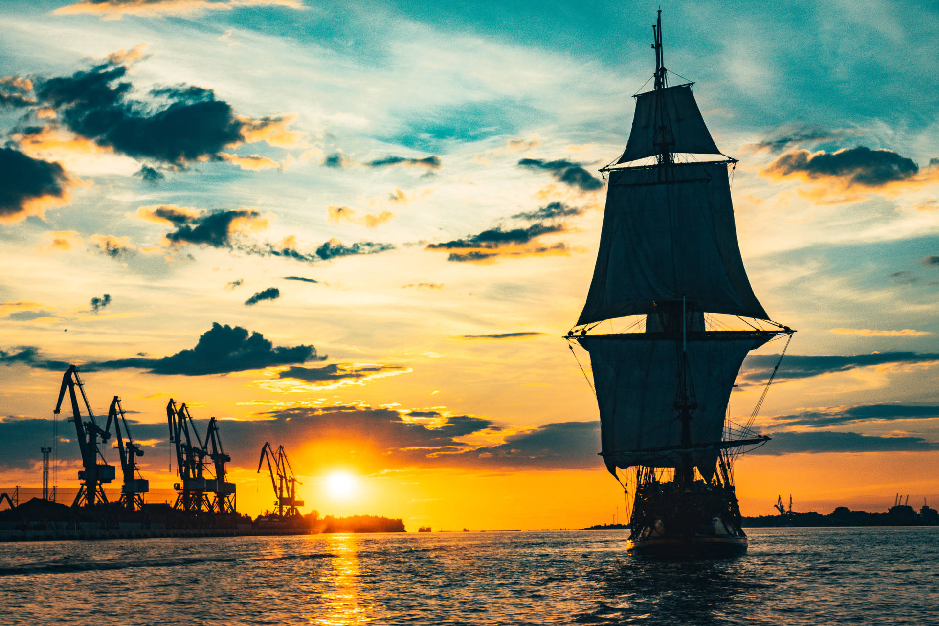Pirate Ship Sunset Sky Wallpaper