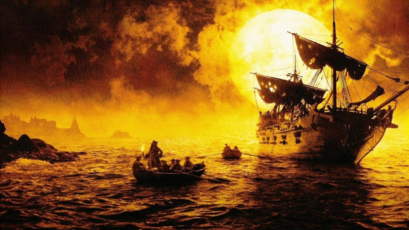Arrr, a pirate ship battles the waves amidst the setting sun Wallpaper