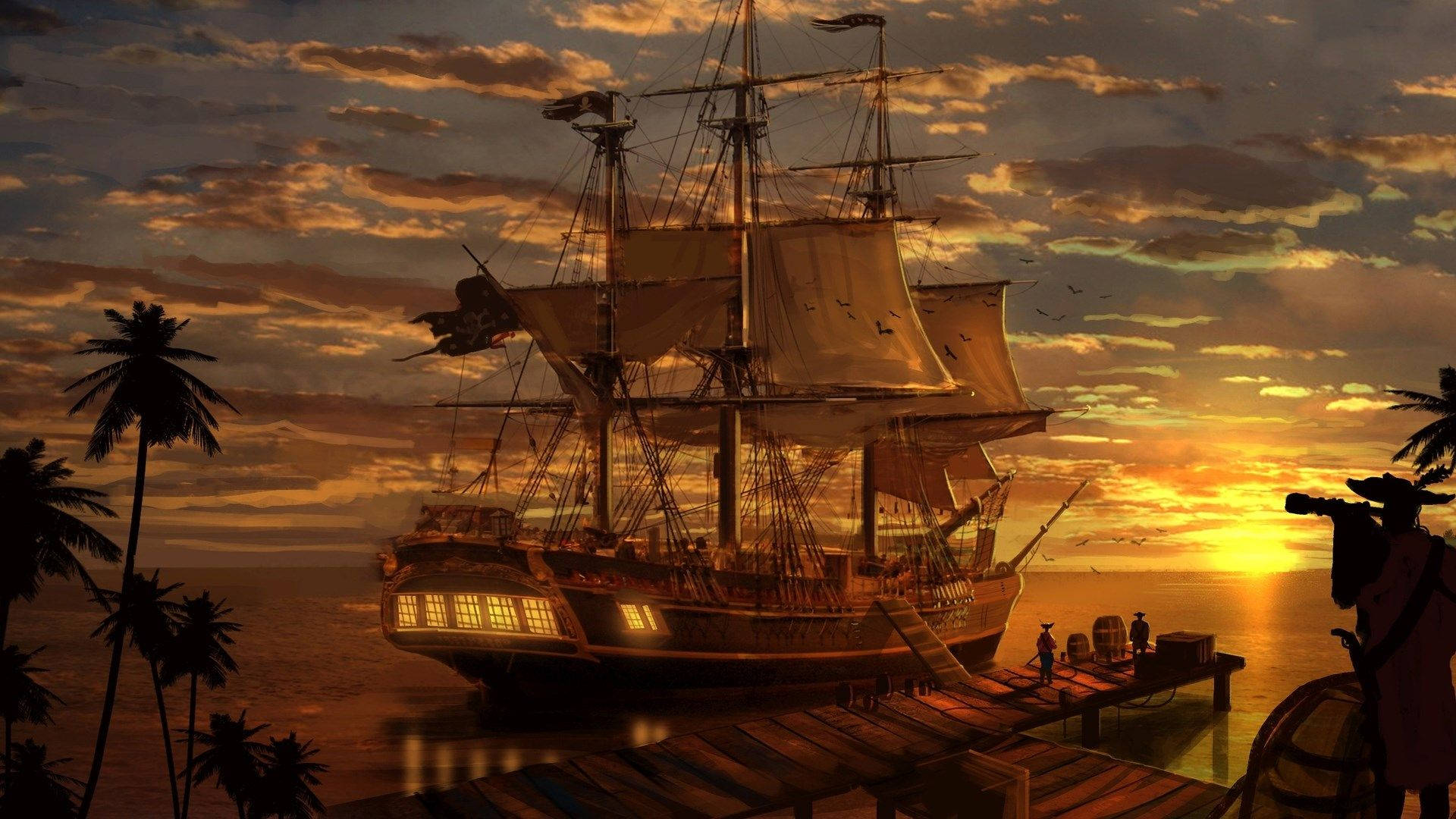 Pirate Ship Under Sunset