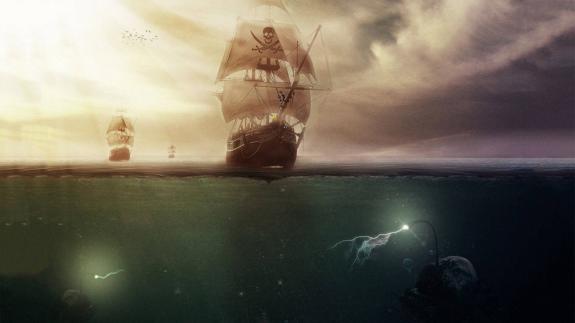 Pirate Ships Above Anglerfish Wallpaper