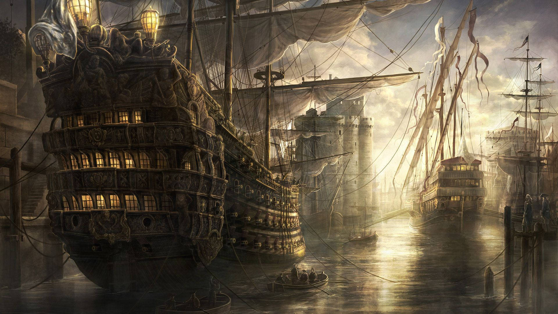 Pirate ships sailing into port Wallpaper