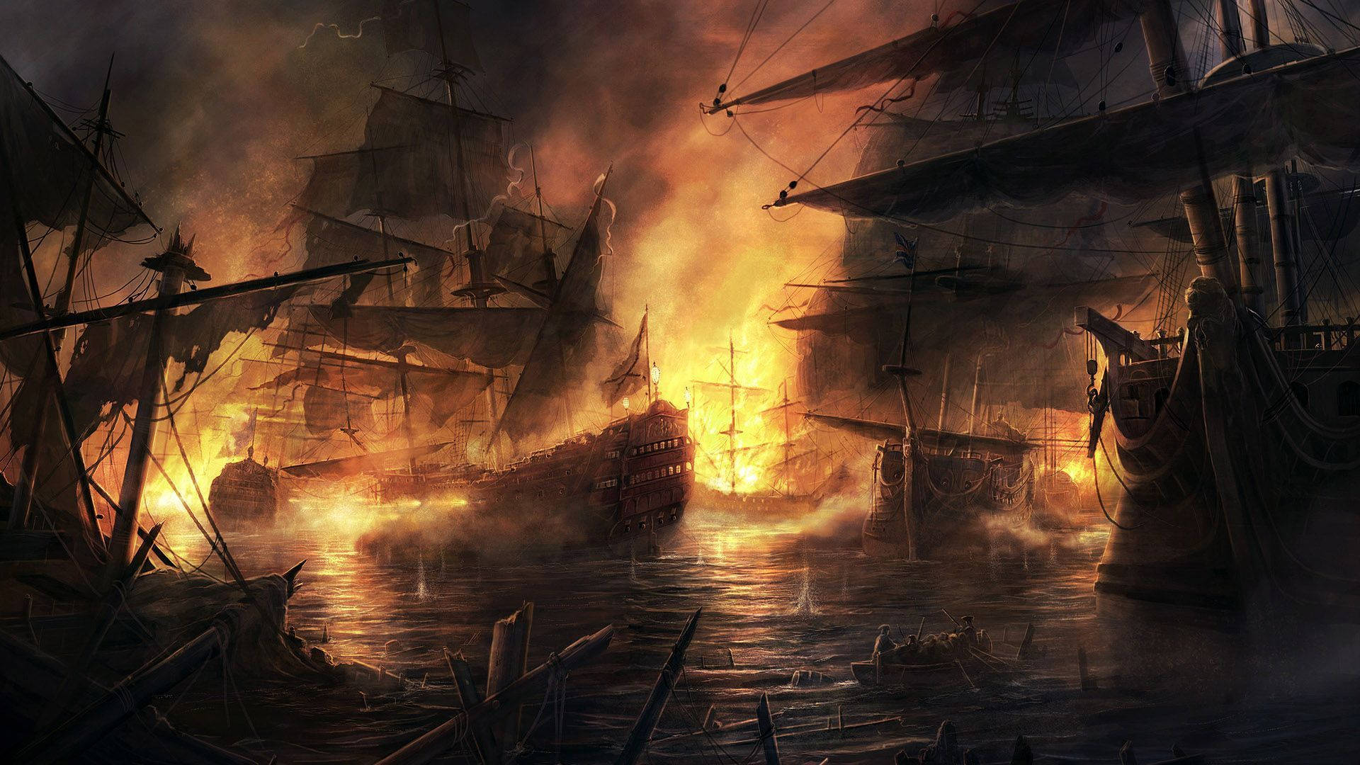 Pirate Ships On Fire Wallpaper