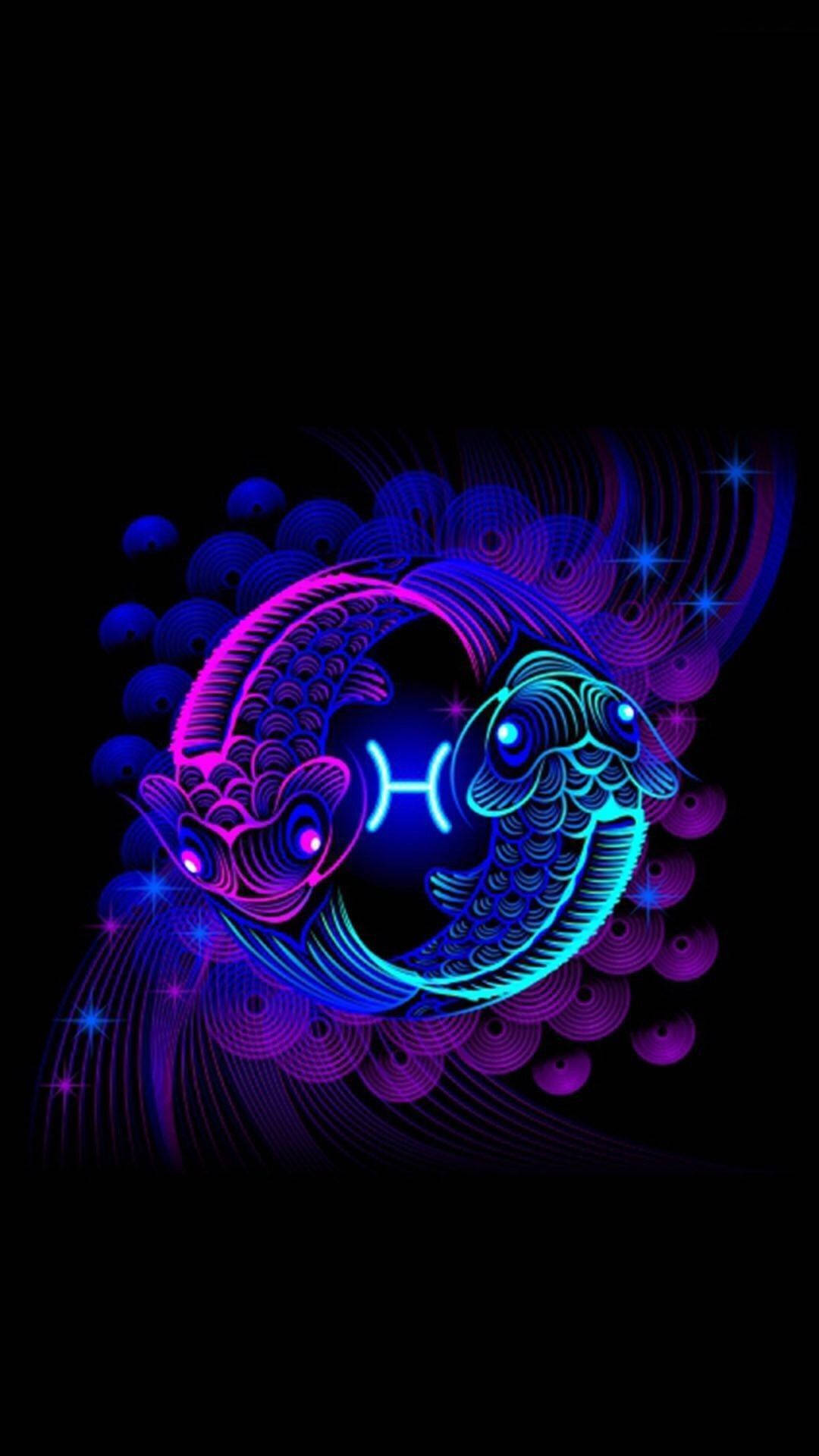 Pisces Neon Fish Symbol Wallpaper