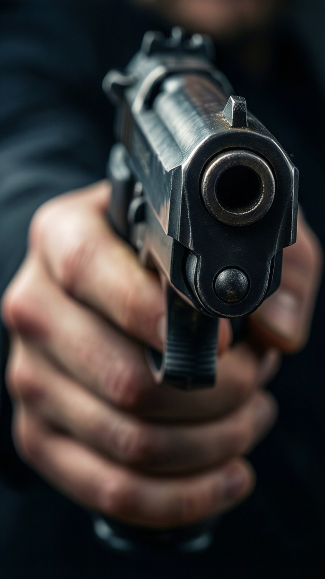 Um close-up intenso de uma mão segurando uma pistola com pouca profundidade de campo.