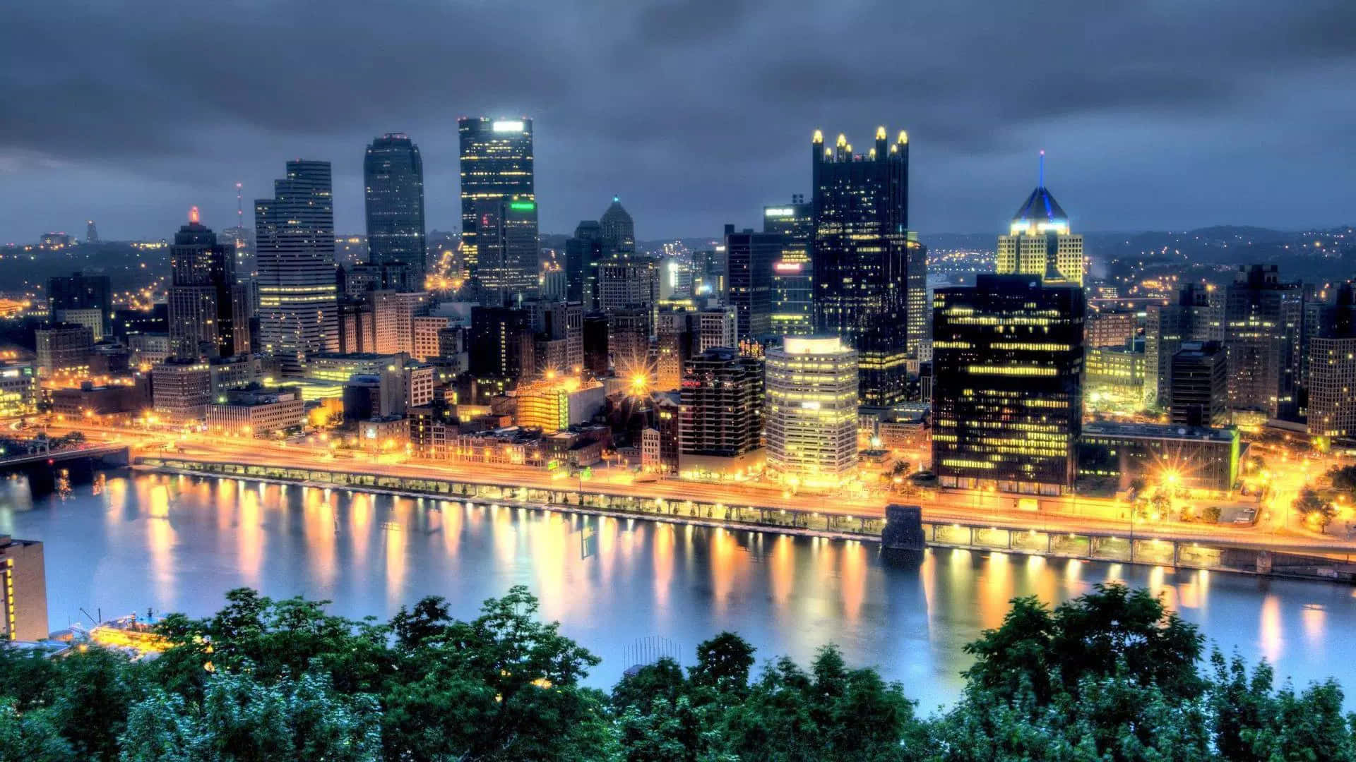 Pittsburgh Skyline Lakefront With Lights Wallpaper