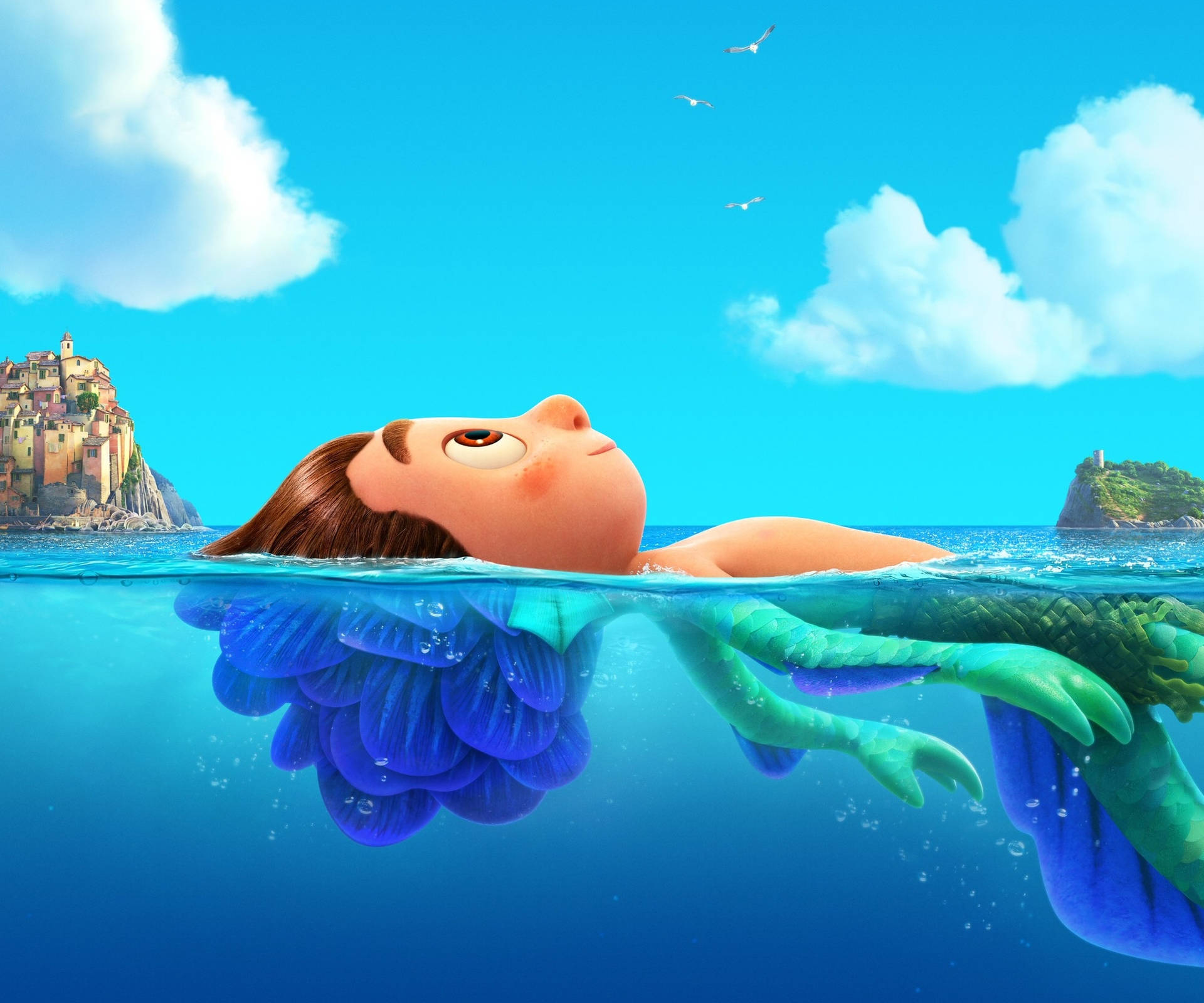 Pixar Luca Floating On Water Wallpaper