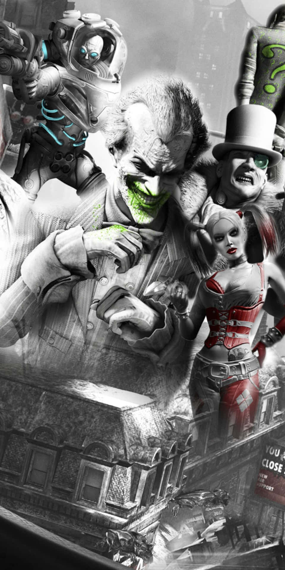 Pixel3 Batman Arkham City Mr Freeze Joker Och Hailey Quiin Bakgrund
