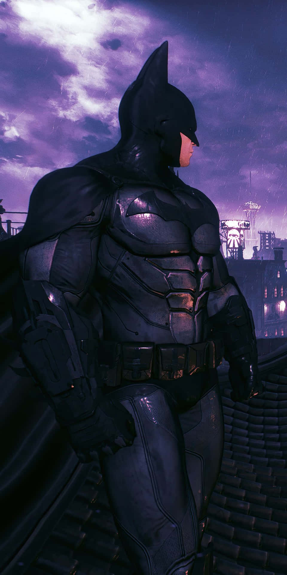 Batman Standing Strong Against the Arkham City Skyline on Pixel 3