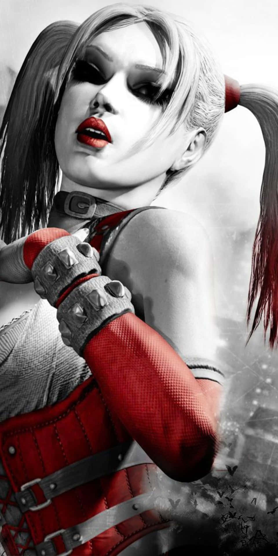 Red And Grayscale Hailey Quinn Pixel 3 Batman Arkham City Background