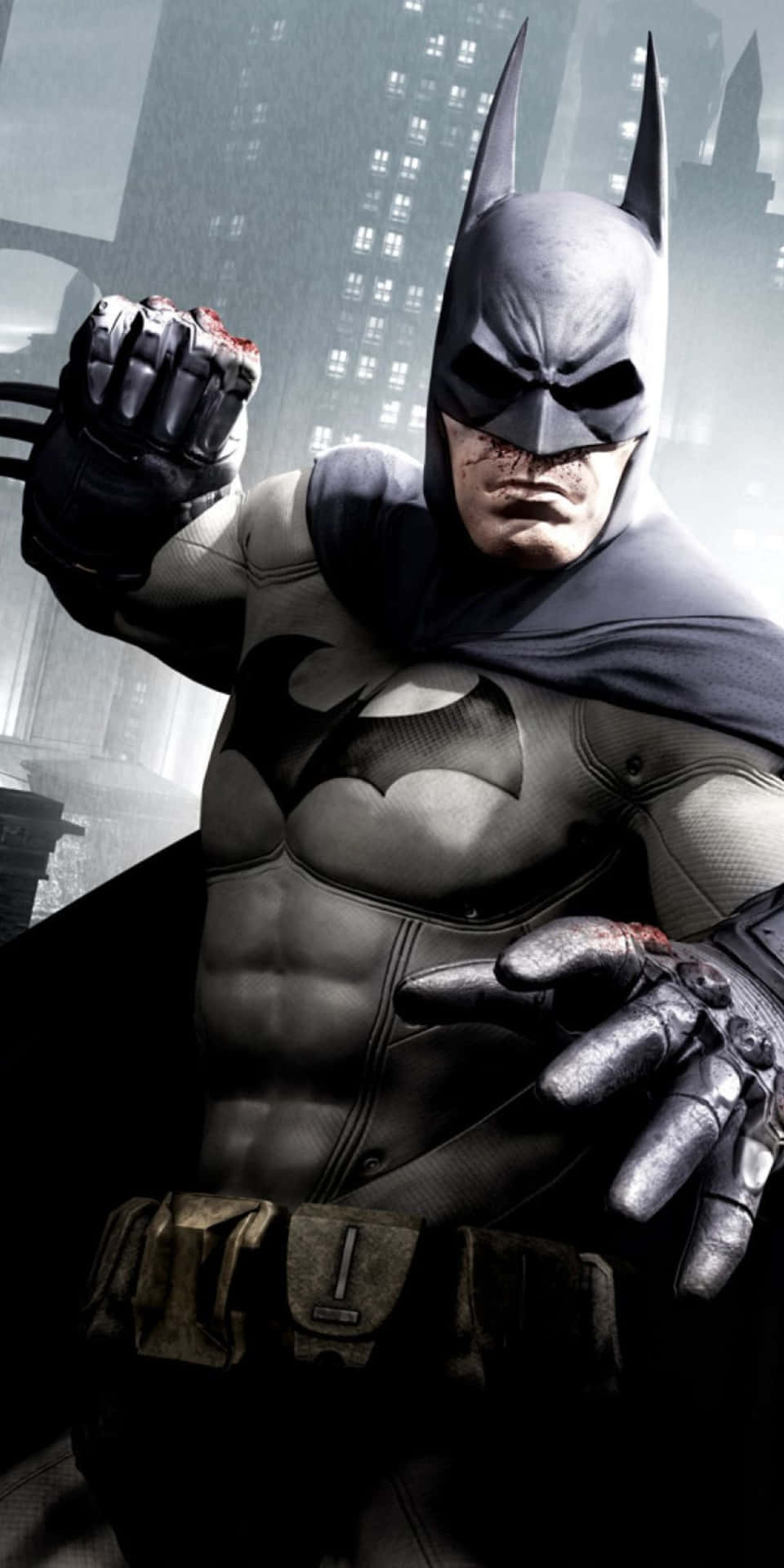 Pixel3 Batman I Kampställning Bakgrund Med Silhuett Av Arkham City-byggnaden