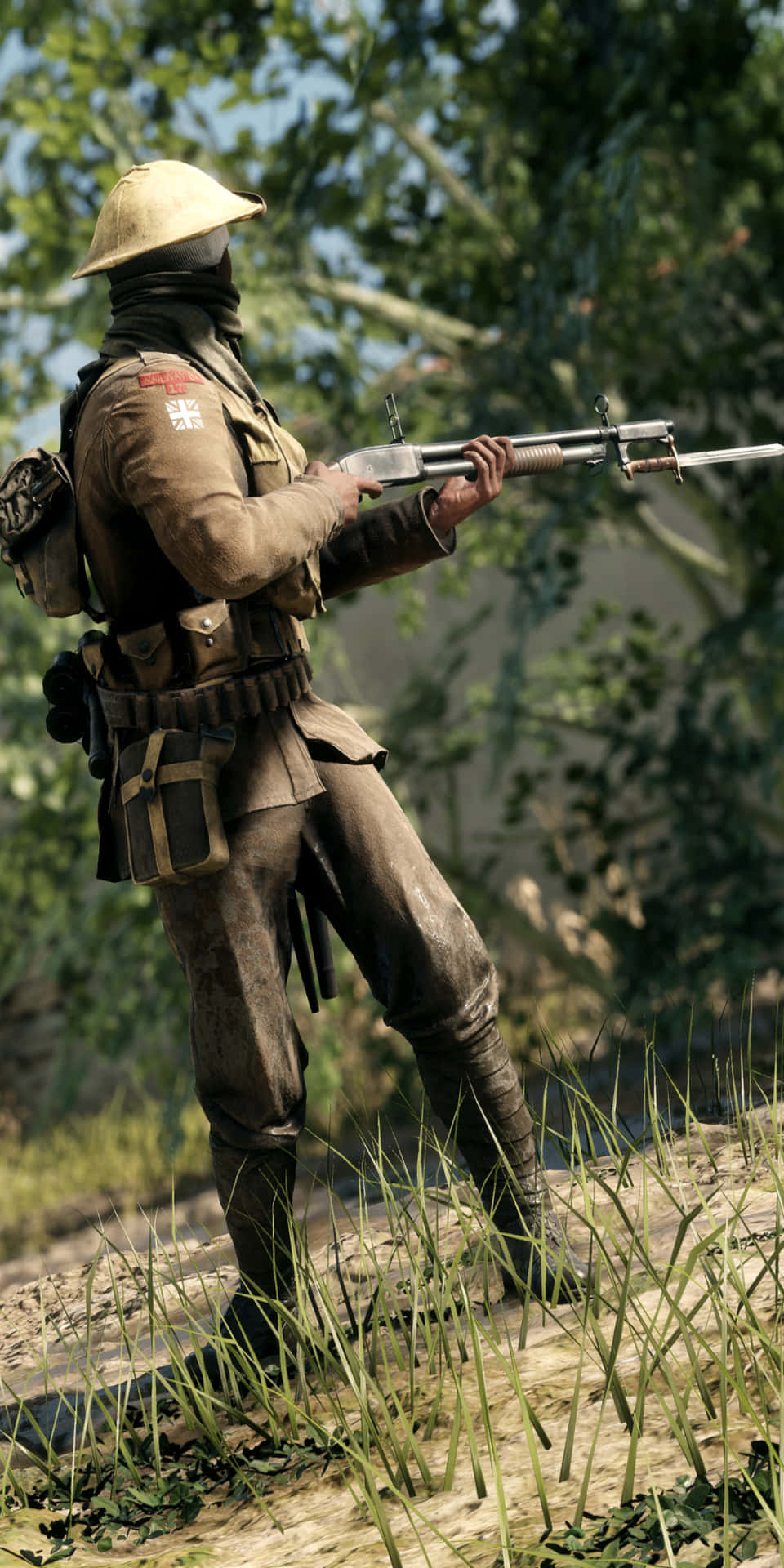 A Soldier Is Holding A Rifle In The Woods