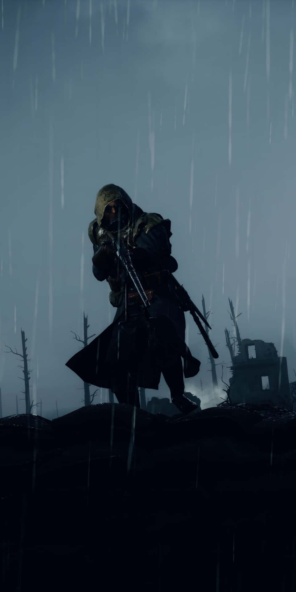 A Man Is Standing In The Rain With A Rifle