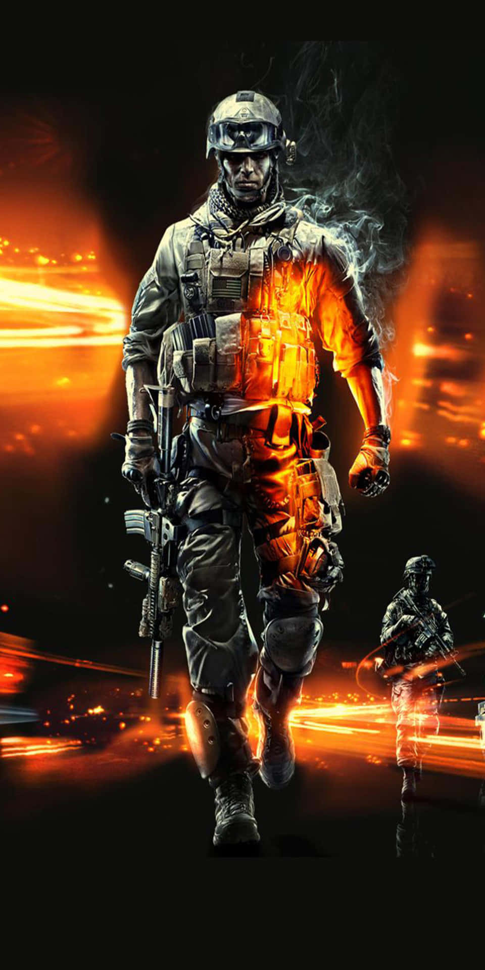 a soldier is walking with a flame in his hand